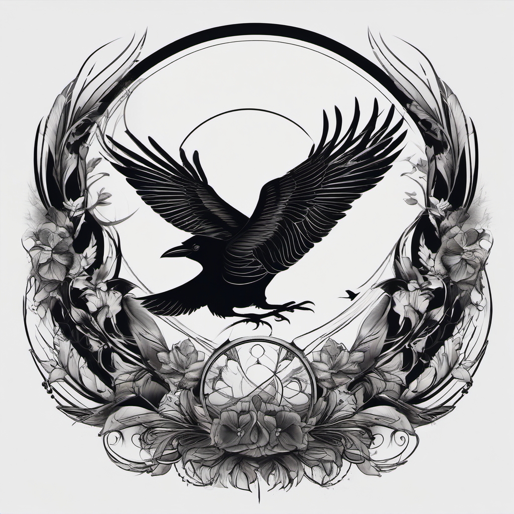 Ravens circle, leaving a deathly flight mark in the tattoo.  black and white tattoo style