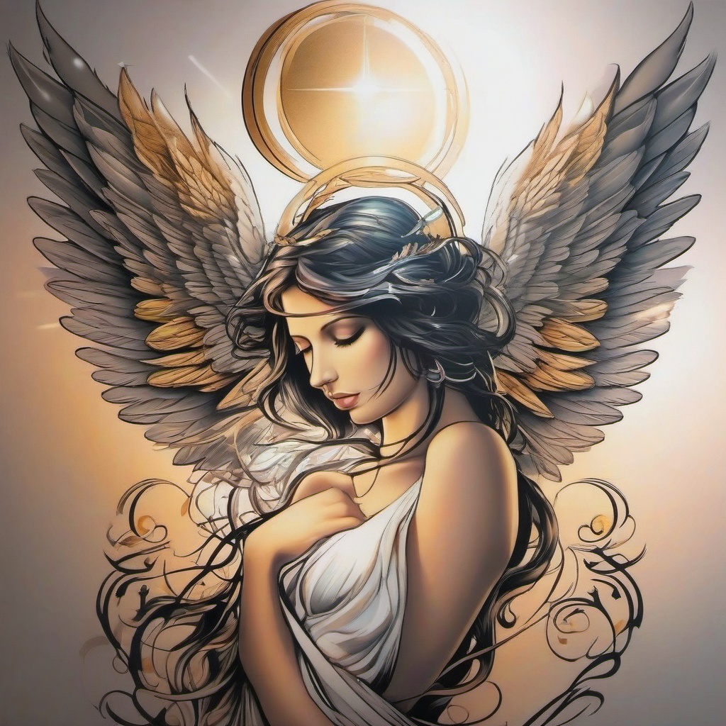 Angel with Halo Tattoo-Choosing a symbol of divine presence with an angel with halo tattoo, expressing purity, protection, and a connection to the heavenly realms.  simple vector color tattoo