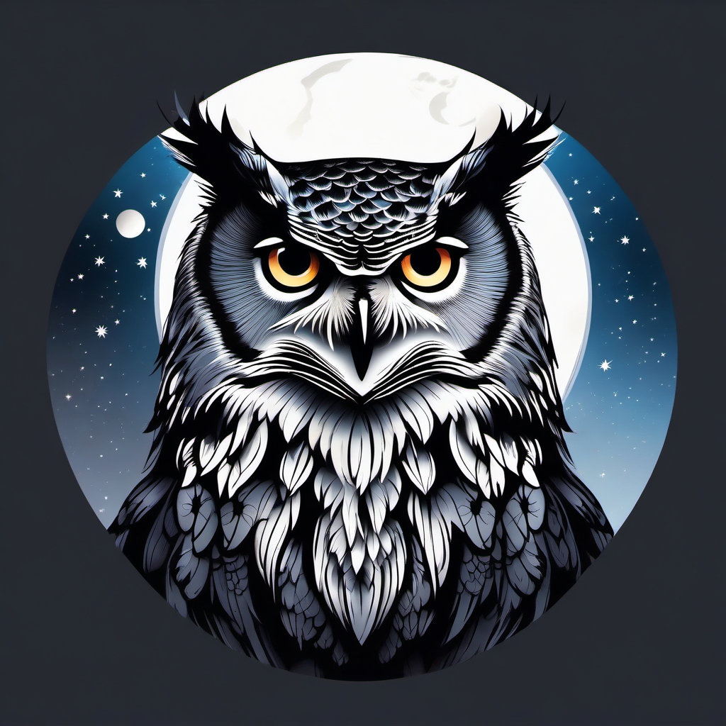 Eagle owl tattoo against moonlit sky, embodying wisdom.  color tattoo style, minimalist design, white background