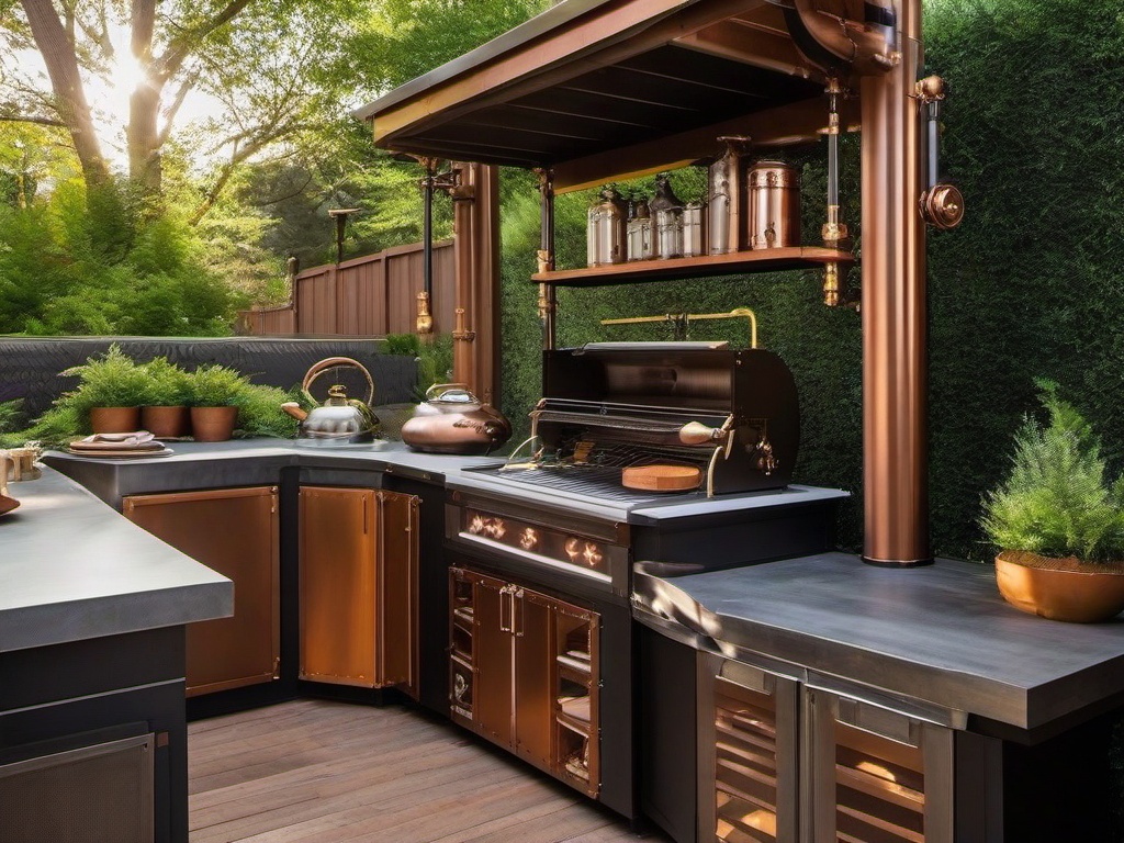 Steampunk outdoor kitchen features vintage-inspired fixtures, industrial accents, and creative decor that create a unique and imaginative space for cooking.  