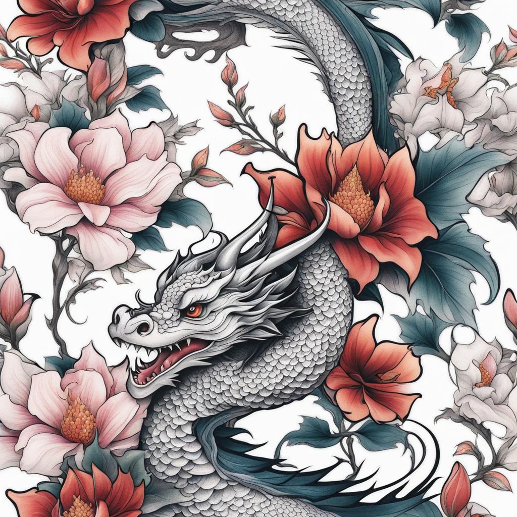 Feminine dragon and flower tattoos, Elegant tattoos that combine the beauty of dragons with flowers.  color, tattoo style pattern, clean white background