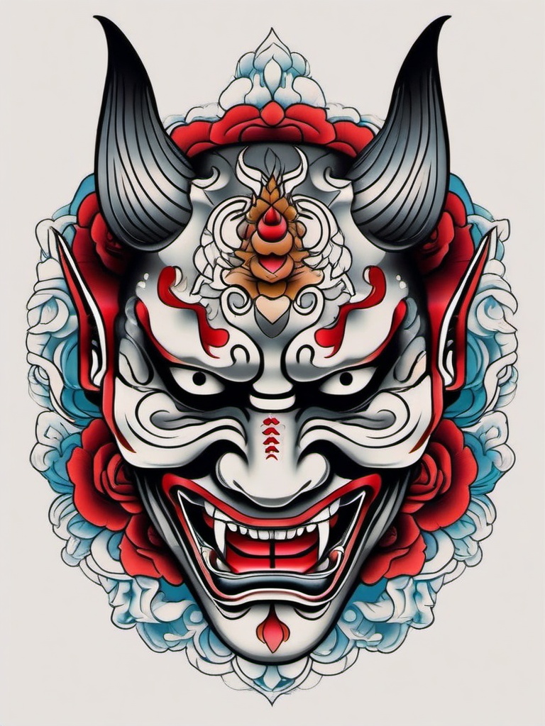 hannya mask traditional tattoo  simple color tattoo,white background,minimal