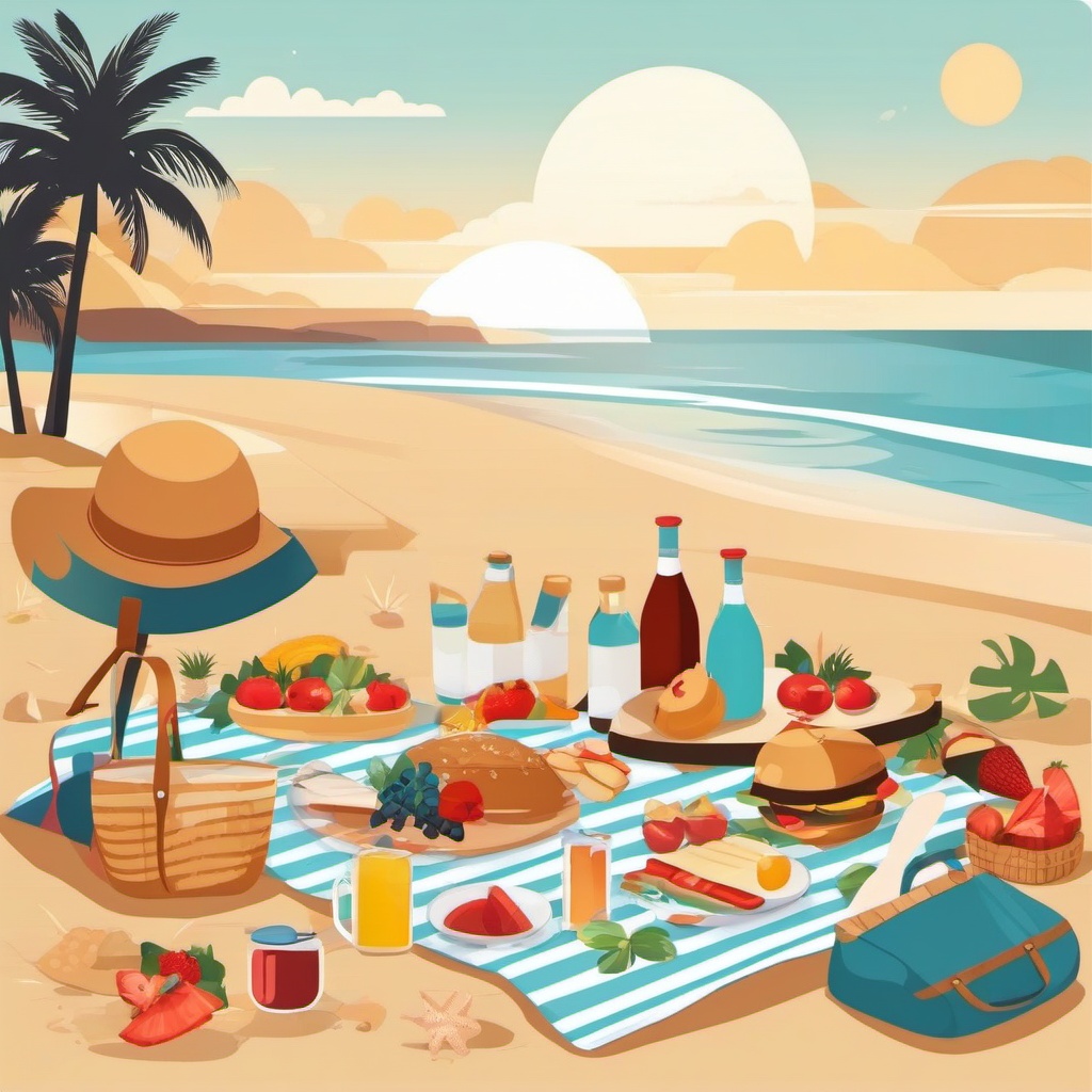 Beach Picnic clipart - Picnic set up on the sandy shore, ,vector color clipart,minimal