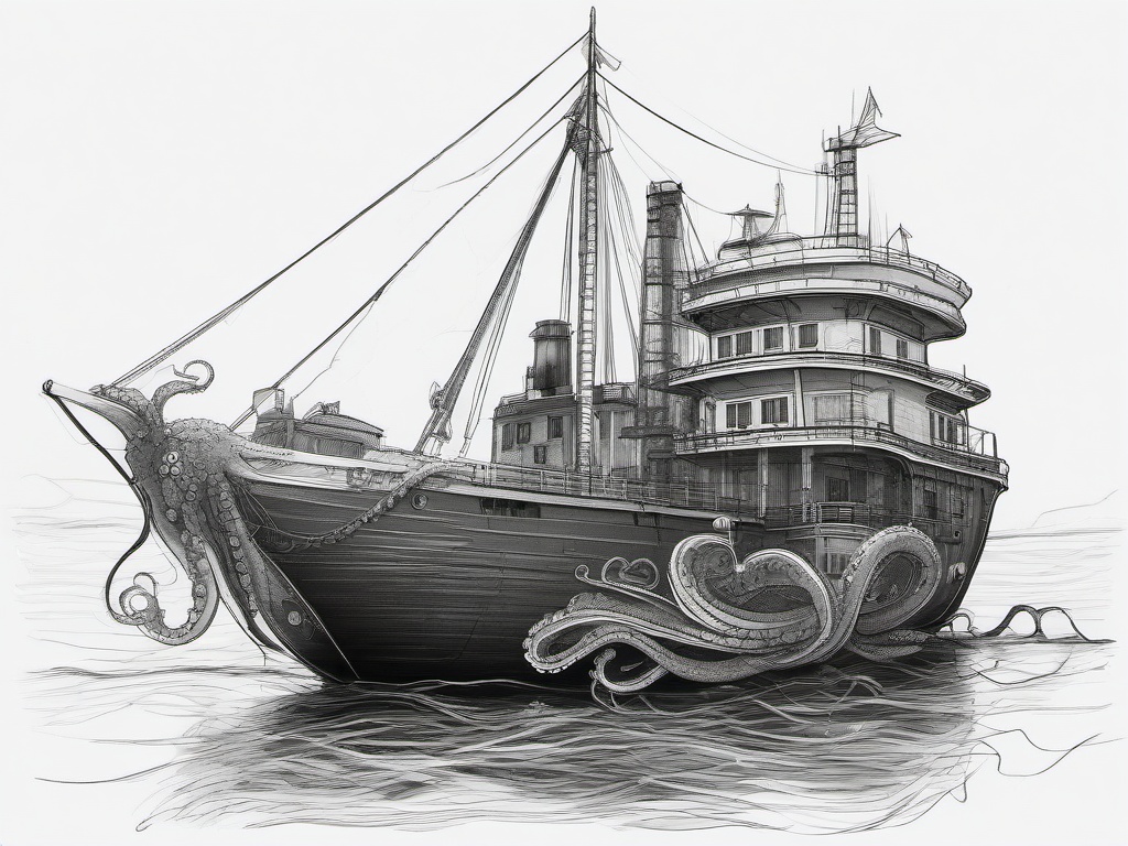 drawing of an octopus wrapping around a ship  minimal rough sketch scribbles,doodles,black and white