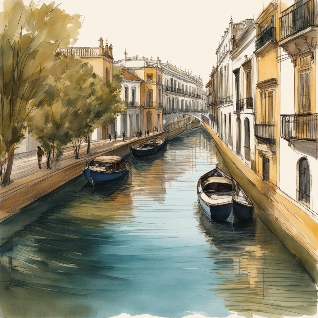 forgotten canals of seville - sketch the forgotten canals of seville's triana district, evoking the city's maritime past and timeless beauty. 