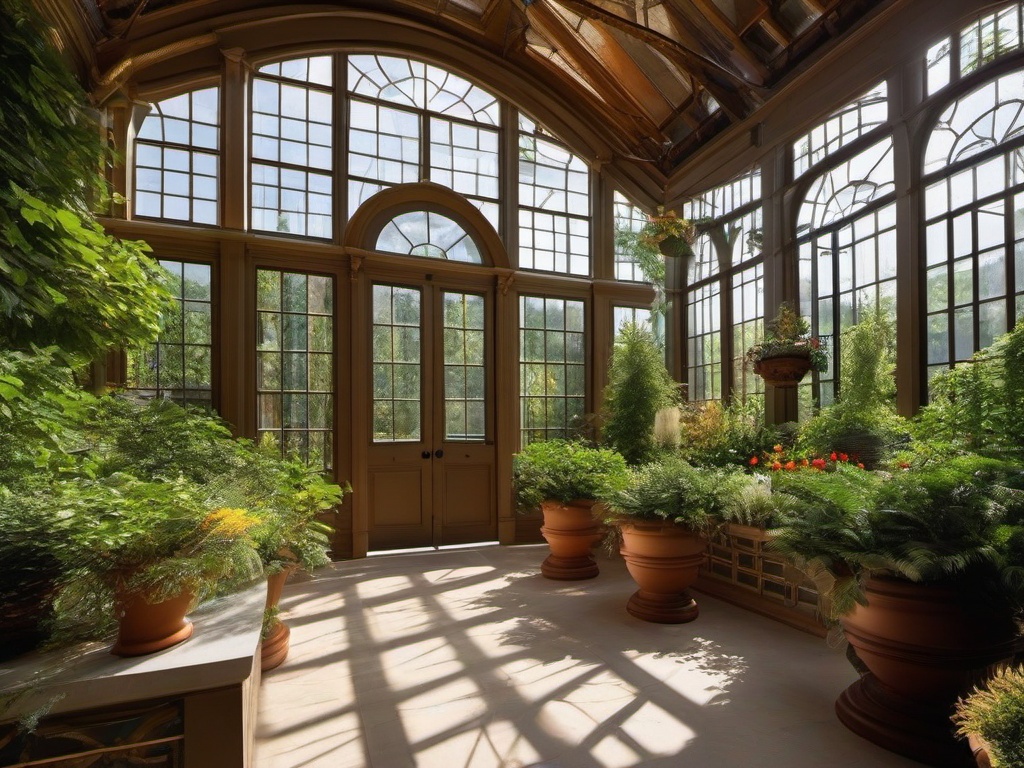 The greenhouse showcases Italian Renaissance interior design with classical architecture, elegant materials, and rich decor that create an inspiring environment for gardening and plant care.  