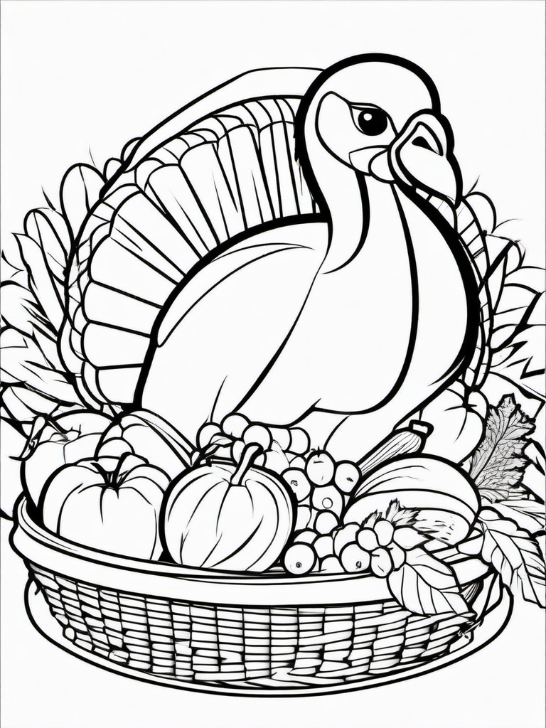 Turkey with a Harvest Basket Coloring Pages - Thanksgiving Turkey with a Basket of Veggies  minimal black outline printable sheet, coloring page