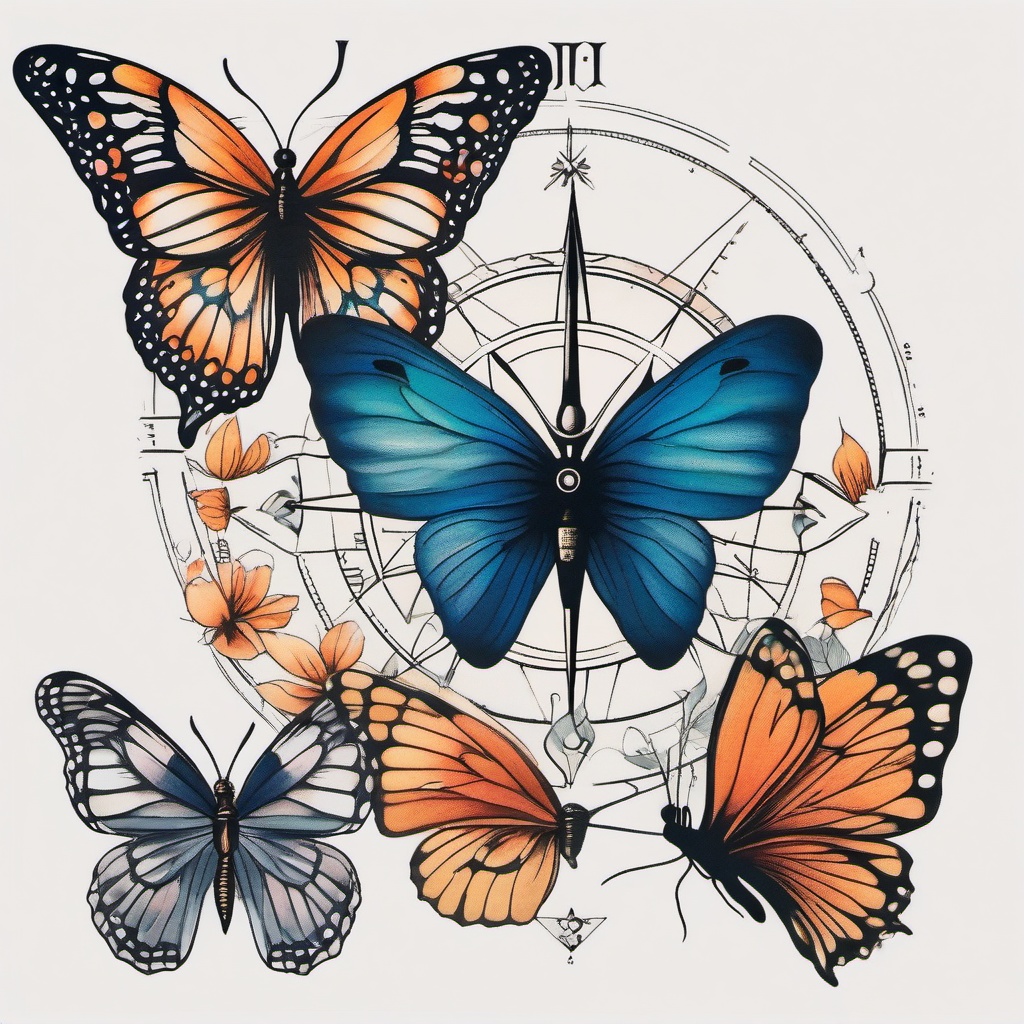 butterfly compass tattoo  simple color tattoo, minimal, white background