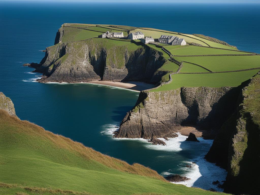 norman keeps, with sturdy stone walls, overlook the rugged cliffs of cornwall, england. 