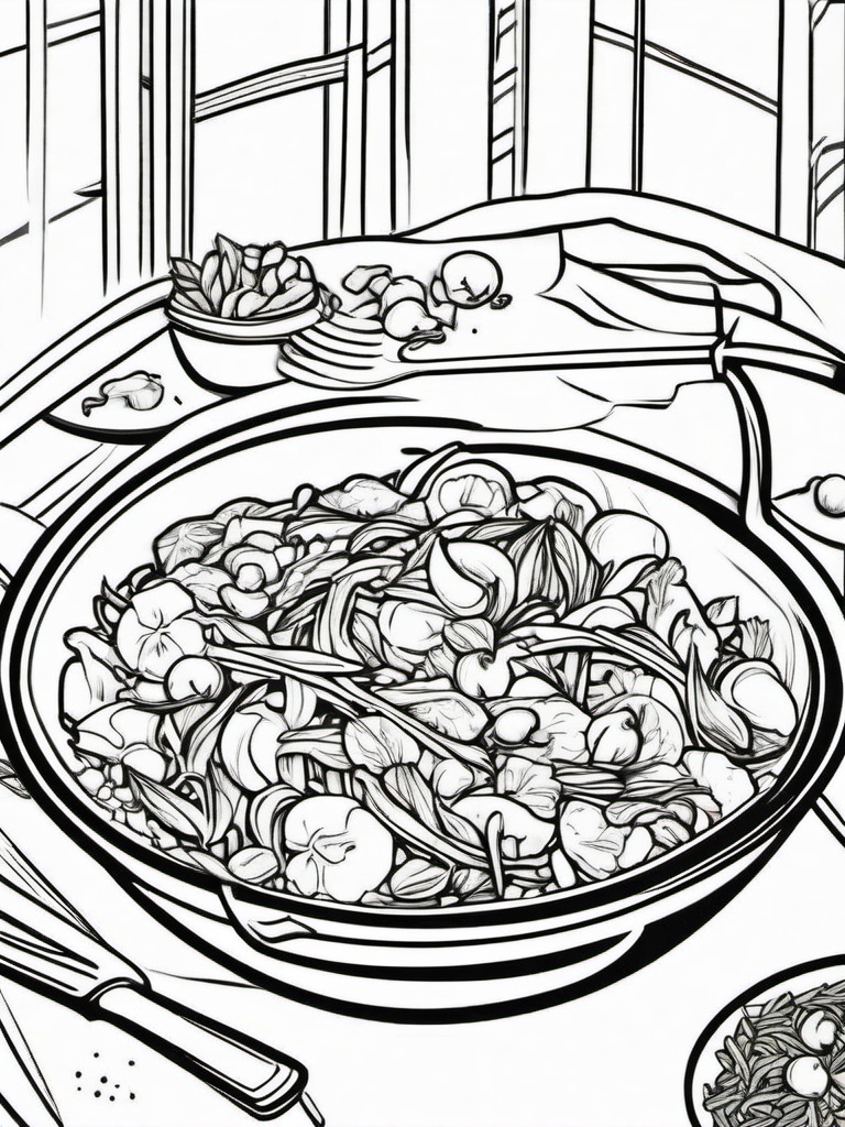 Food Coloring Pages - Veggie stir-fry in a wok  simple coloring pages