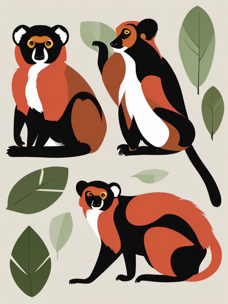 Red Ruffed Lemur Clip Art - Red ruffed lemur in Madagascar,  color vector clipart, minimal style