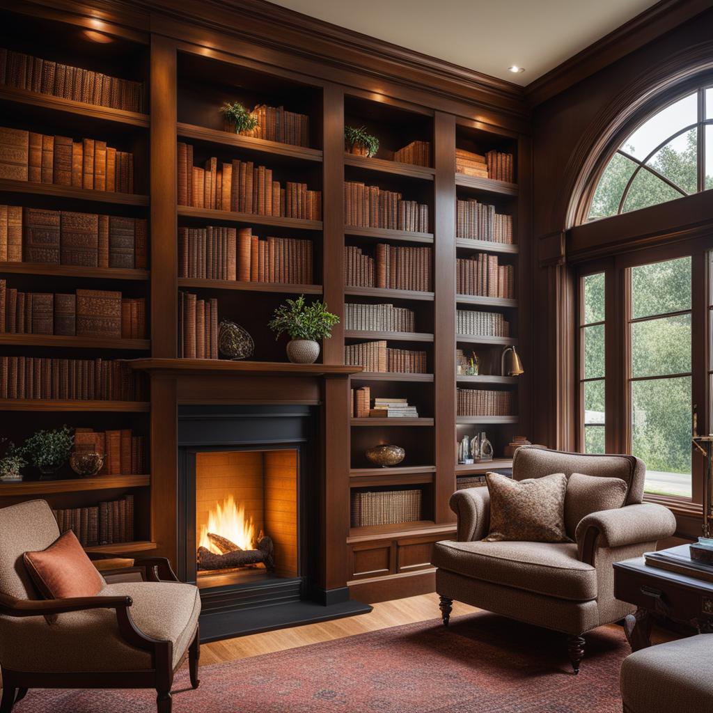 cozy home library with a fireplace and built-in bookshelves. 