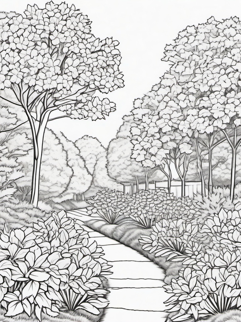 Azalea coloring page sheet - Azalea bushes in full bloom along a garden path.  black outline printable coloring page