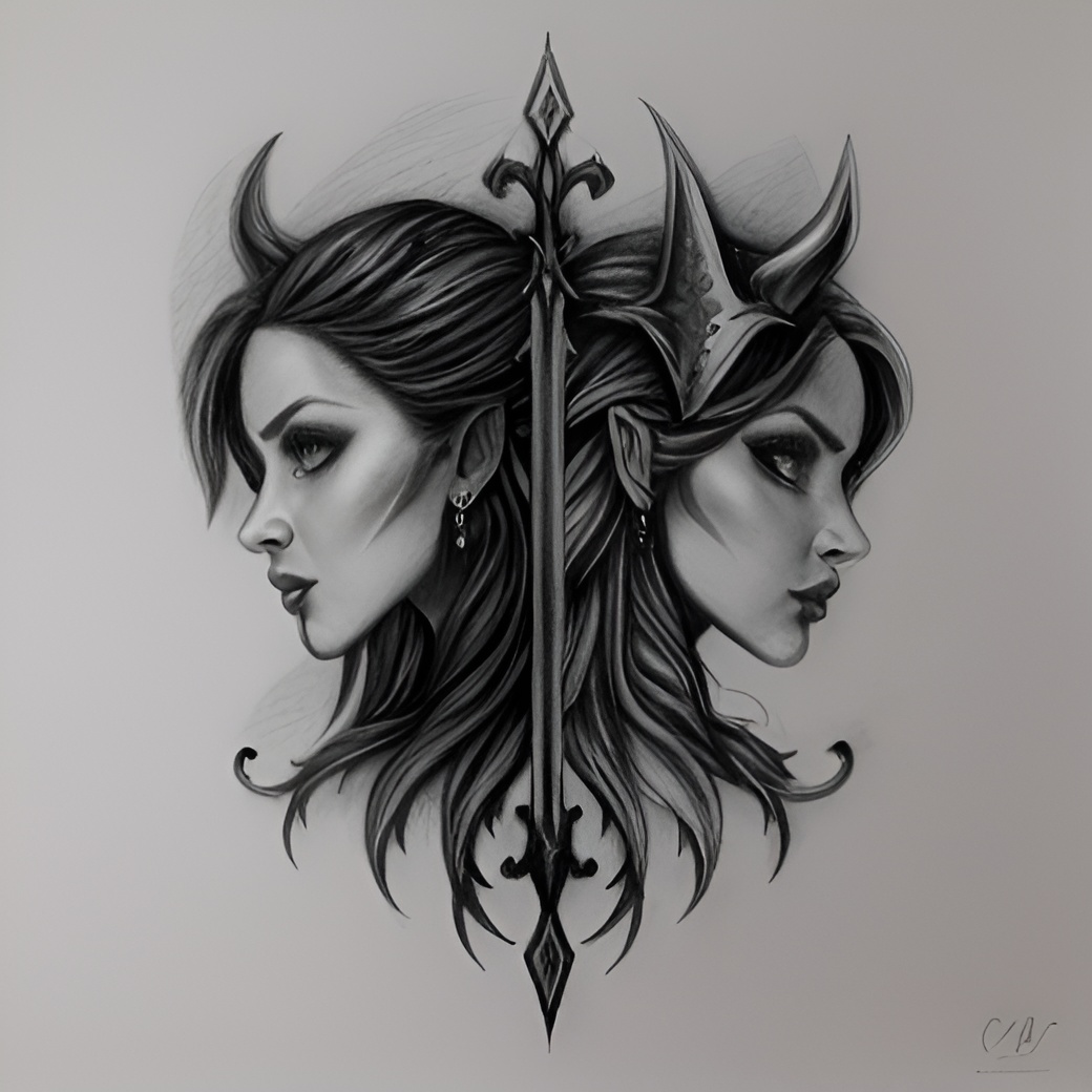 good vs evil pencil sketch drawing, black and white drawing, graphite drawing 