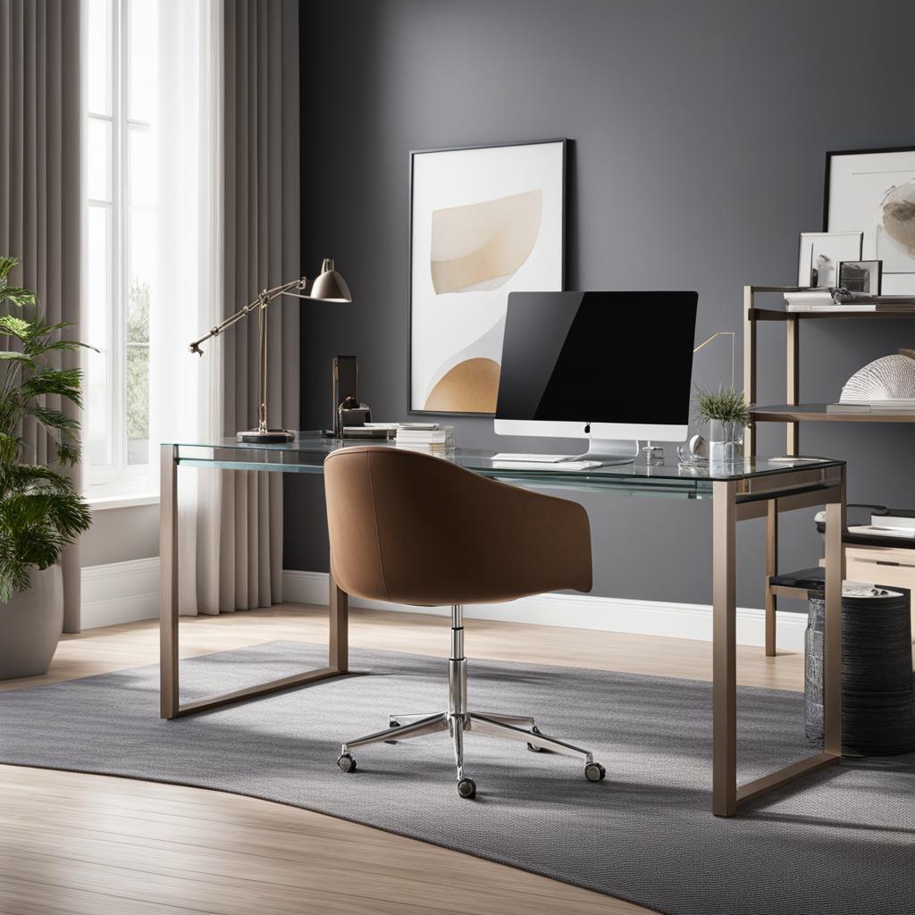 contemporary home office with a glass desk and minimalist design. 