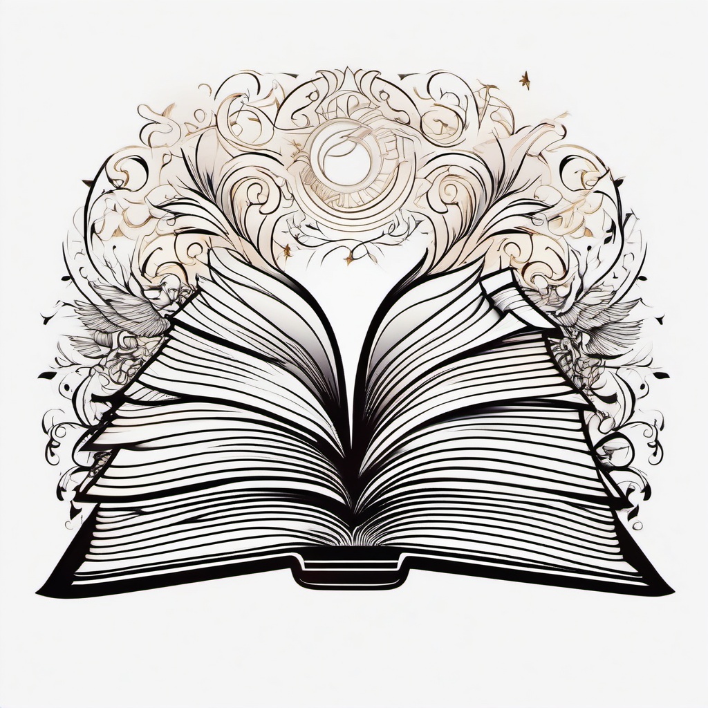 Book Tattoo - An open book tattoo with a world of knowledge  few color tattoo design, simple line art, design clean white background