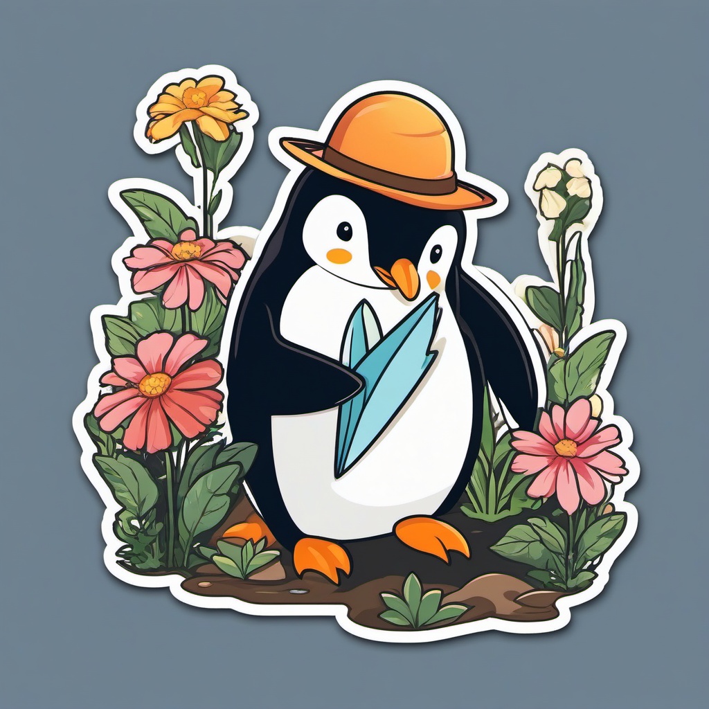 Penguin Gardener Sticker - A penguin tending to a garden, surrounded by flowers. ,vector color sticker art,minimal