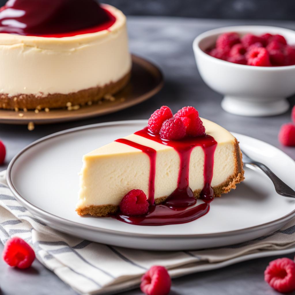 thick and creamy new york cheesecake, adorned with a drizzle of raspberry coulis. 