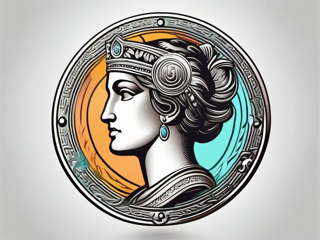 Ancient Athena coin tattoo. Currency of wisdom.  color tattoo style, minimalist design,white background