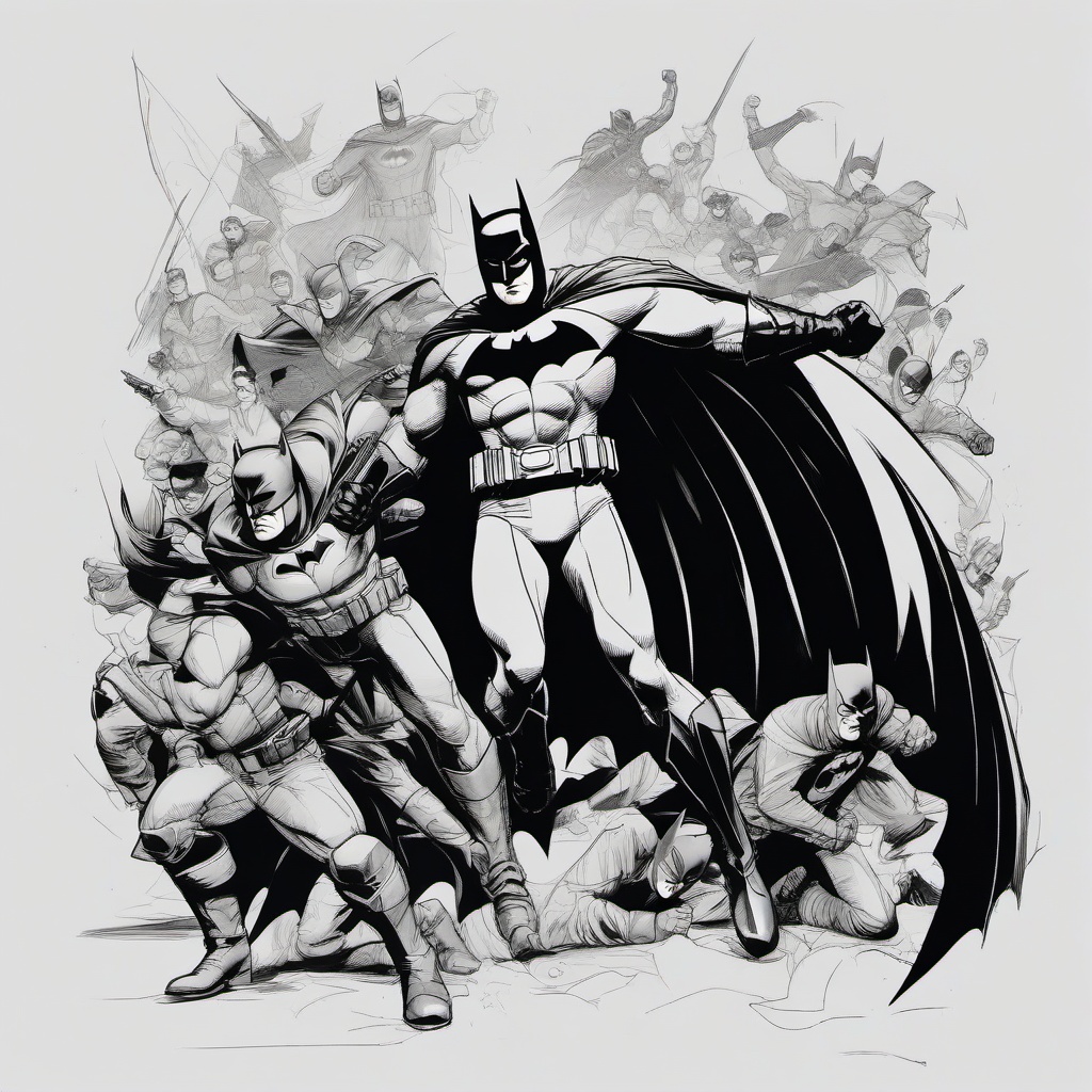 drawing of Batman fighting a group of villains  minimal rough sketch scribbles,doodles,black and white