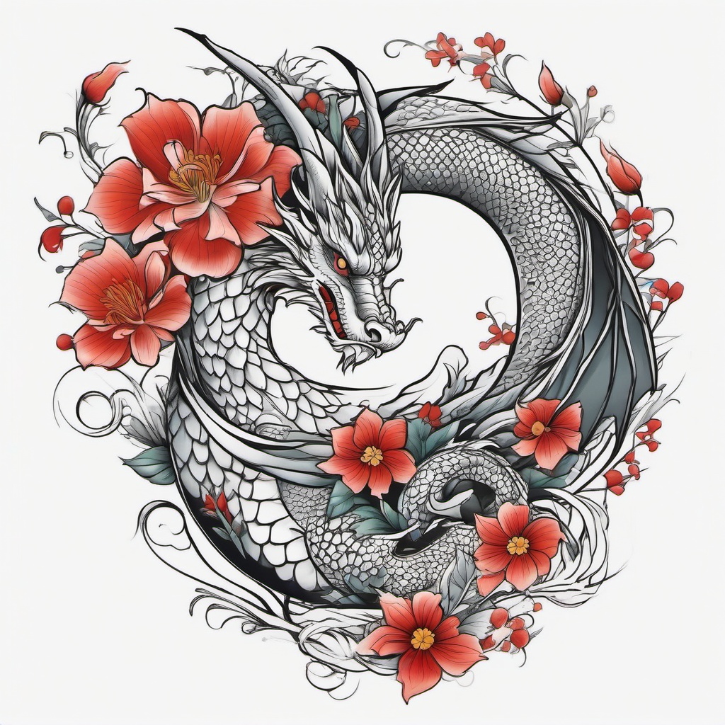 Dragon and Flower Tattoo - Tattoos combining dragon imagery with various flower designs.  simple color tattoo,minimalist,white background