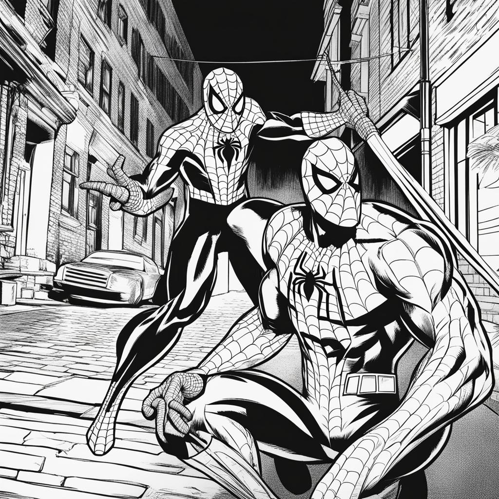 spiderman coloring pages - spider-man confronts a supervillain in a dark alley. 