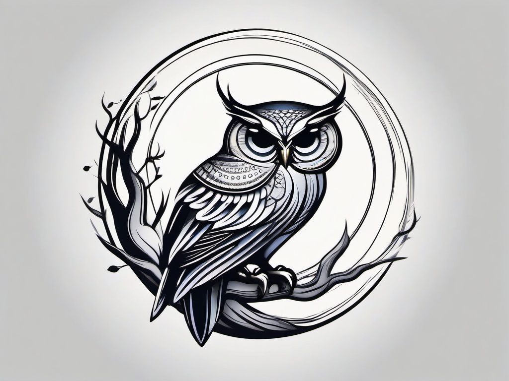 Moon Owl Tattoo - Symbolize nocturnal elegance with a moon and owl-themed tattoo.  simple color tattoo,vector style,white background