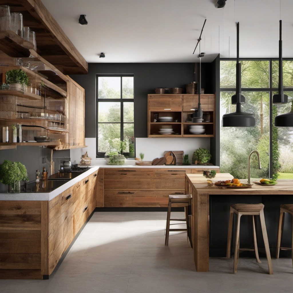 Contemporary Rustic Kitchen - Design a kitchen with a blend of contemporary and rustic elements. , kitchen layout design ideas, multicoloured, photo realistic, hyper detail, high resolution,