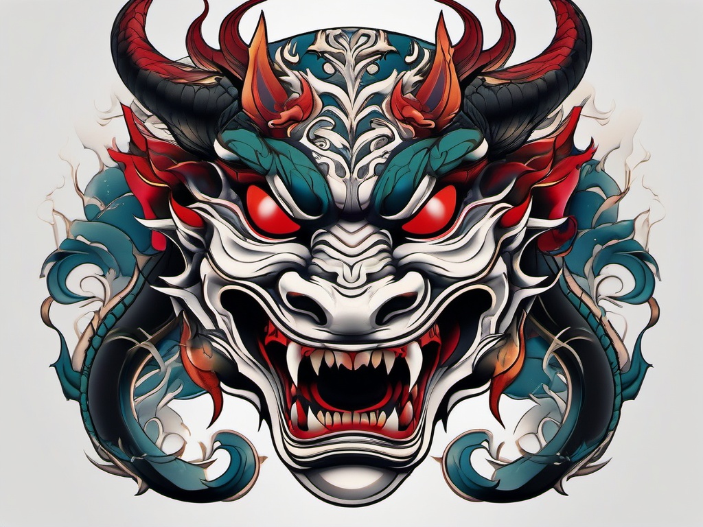 hannya mask and dragon tattoo  simple color tattoo,white background,minimal