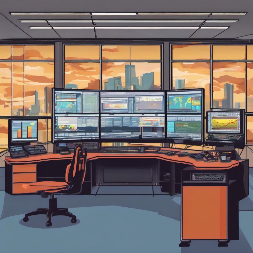 control room with big wide screen and 3 lines of workstations
  , vector illustration, clipart