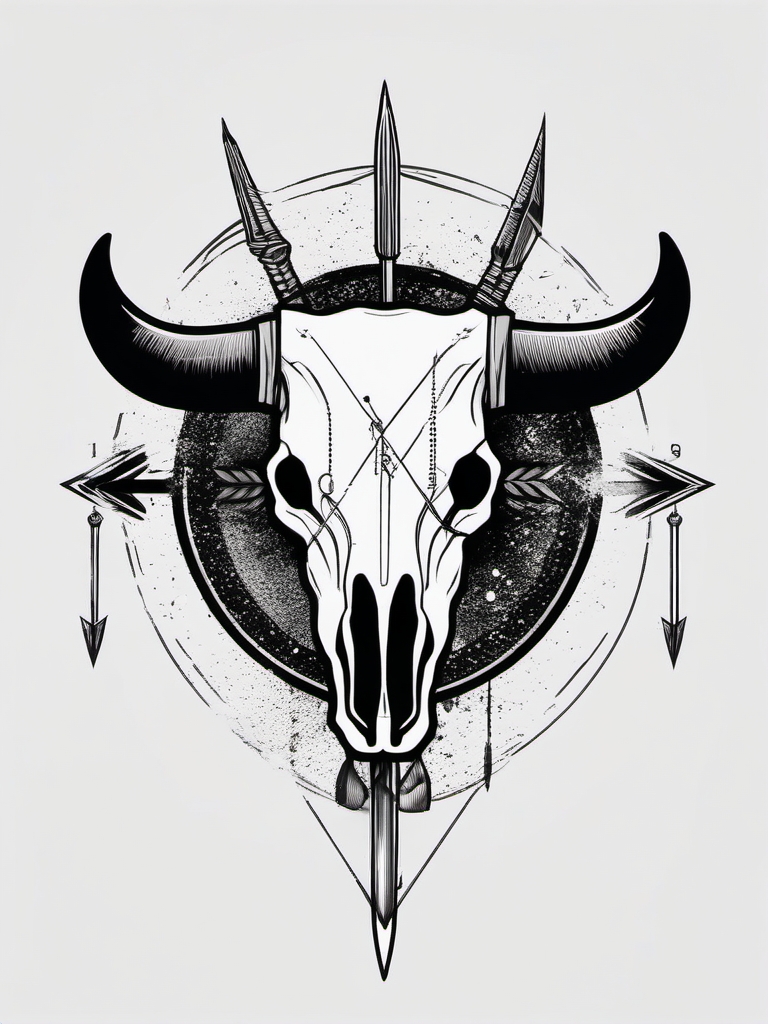 Bull skull and arrows ink. Symbol of precision and direction.  minimalist black white tattoo style