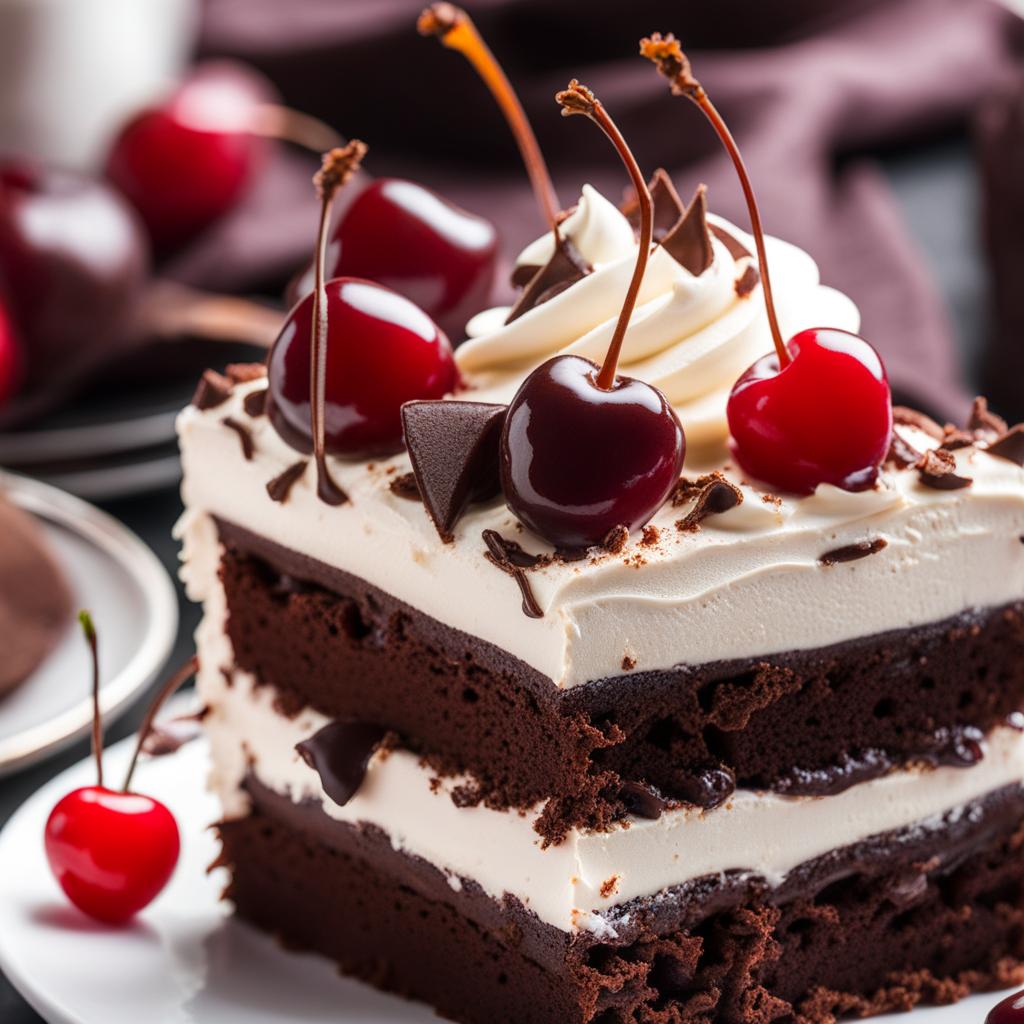 a slice of decadent black forest cake, with layers of chocolate sponge, cherries, and whipped cream. 