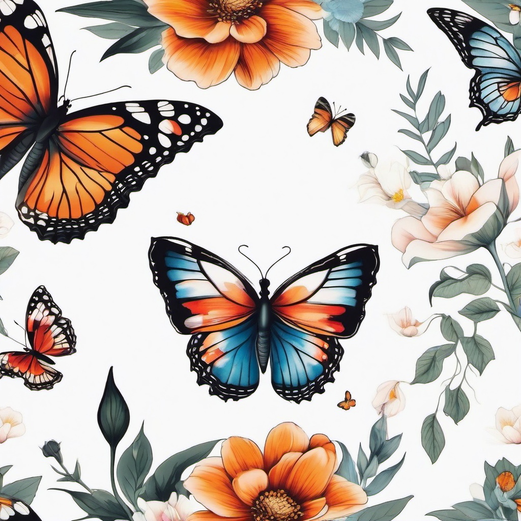 butterflies and flowers tattoo designs  simple color tattoo,white background,minimal