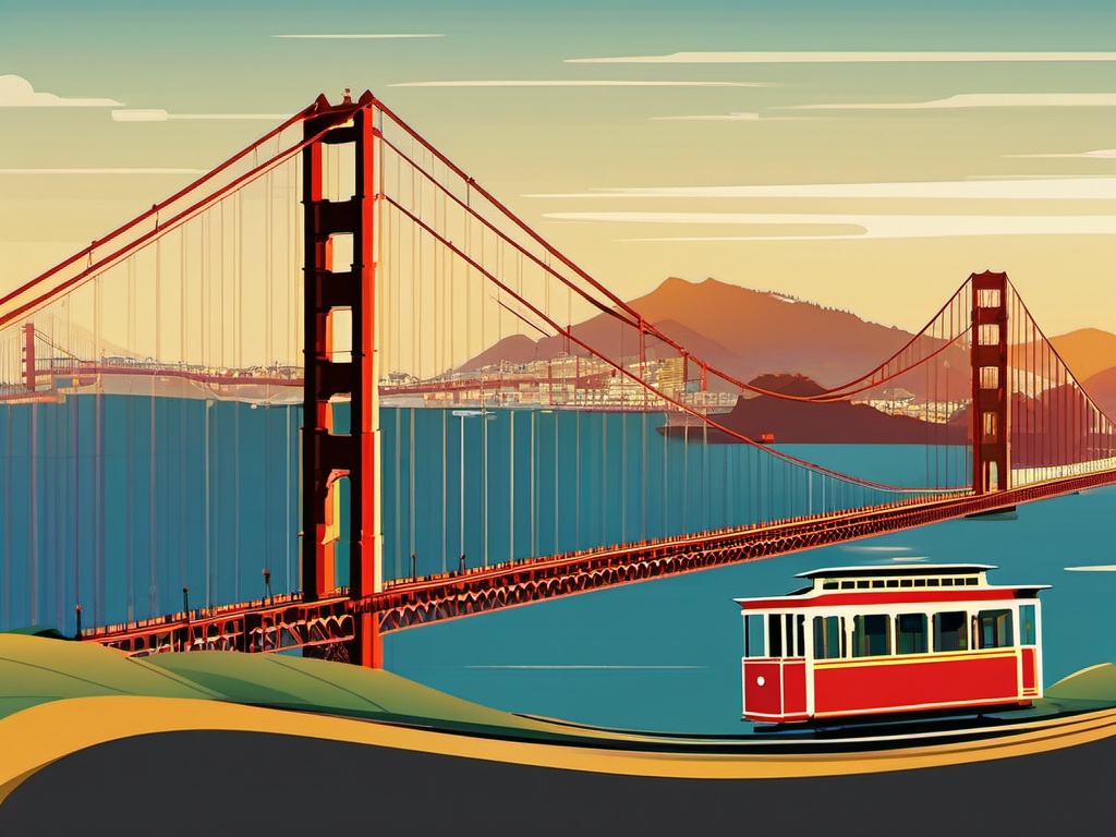 San Francisco clipart - Golden Gate Bridge and cable cars,  color vector clipart