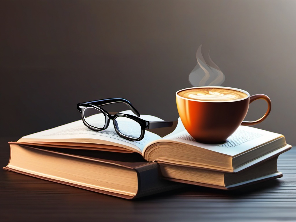 Book with Glasses and Coffee Sticker - Open book with stylish reading glasses and a coffee cup, ,vector color sticker art,minimal