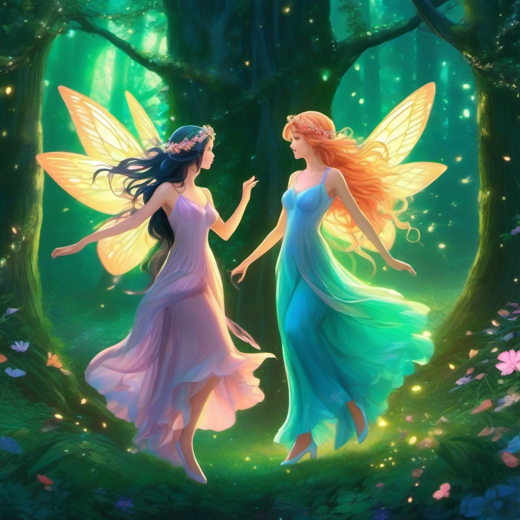 Enchanted forest nymph and whimsical forest nymph companion, dancing gracefully in a whimsical forest, radiating ethereal beauty, as a matching pfp for friends. wide shot, cool anime color style