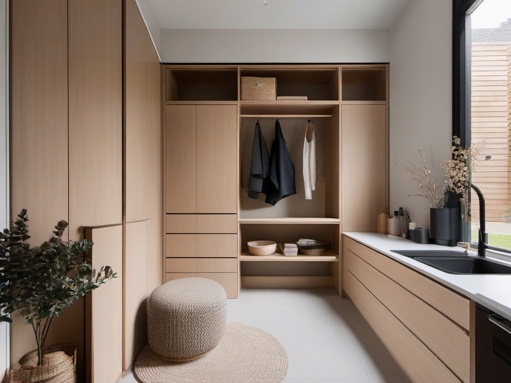 A utility room designed with Japandi interior design includes practical storage, clean finishes, and a minimalist layout that makes chores feel stylish and manageable.  