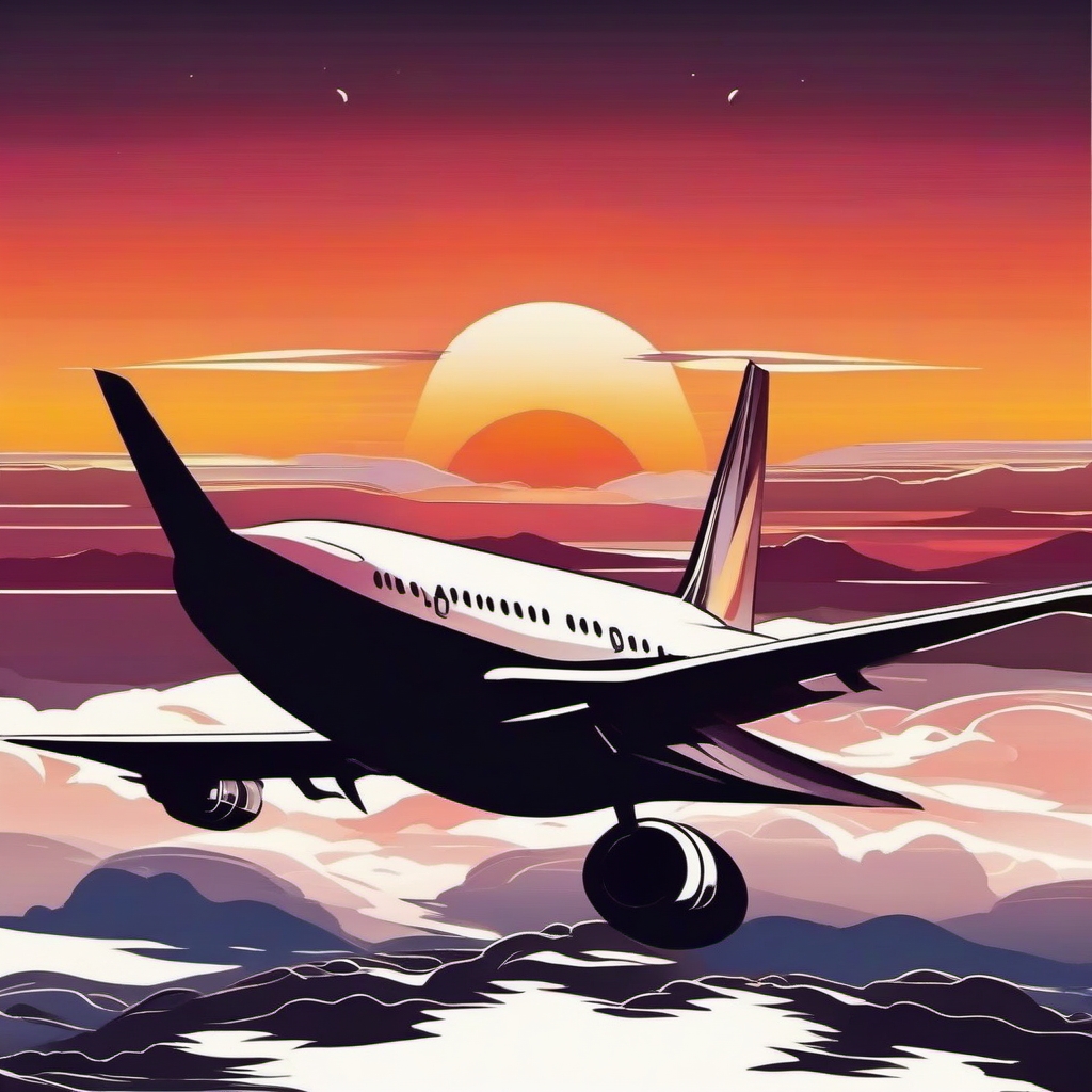 Airplane silhouette against a majestic sunset, capturing the romance of travel. Colored tattoo designs, minimalist, white background.  color tattoo minimalist white background