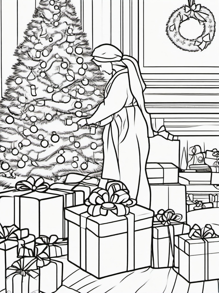 Christmas Morning Coloring Pages - Excitement of Opening Presents  minimal black outline printable sheet, coloring page