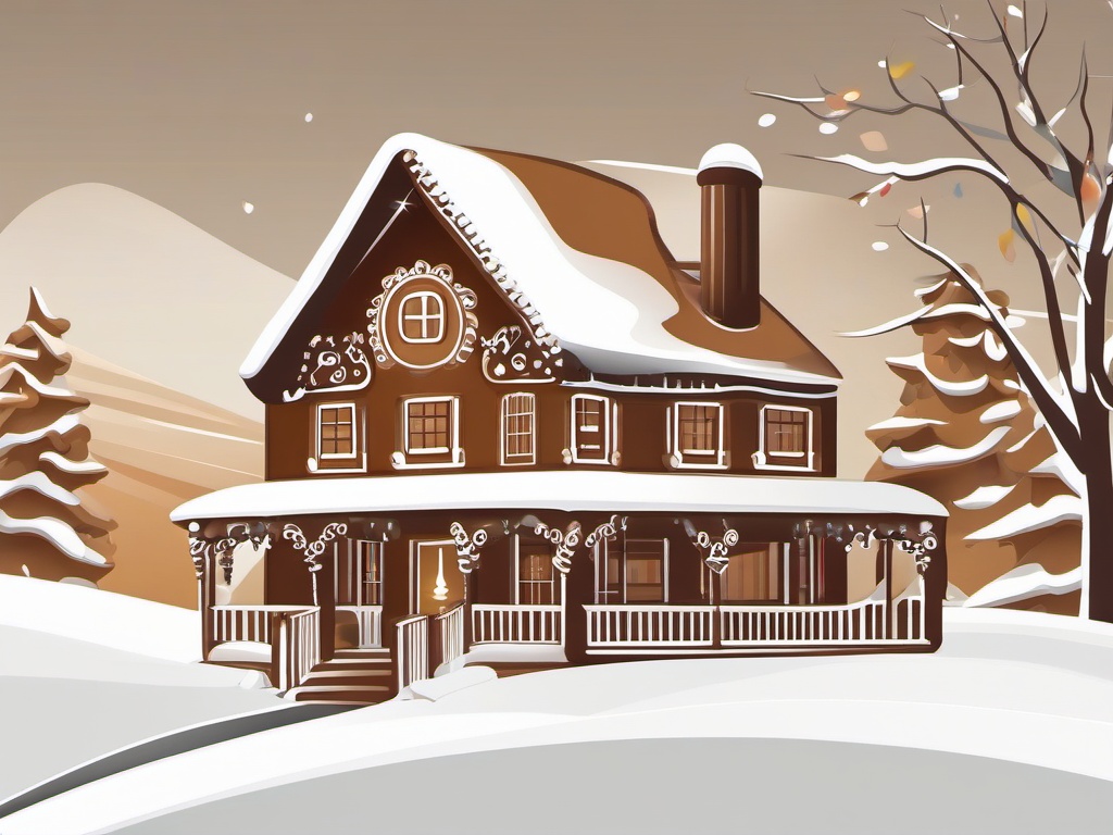 Gingerbread House clipart - gingerbread house on a snowy landscape  color,minimalist,vector clipart