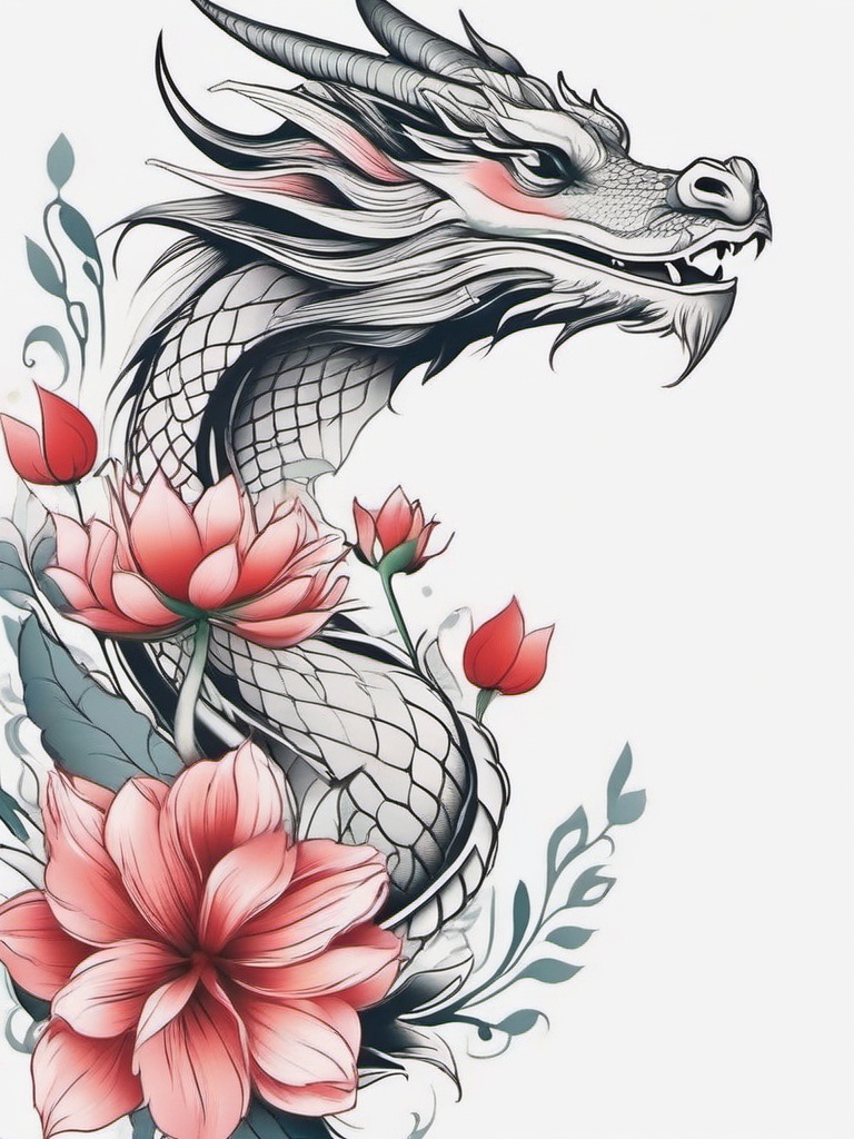 Feminine Dragon and Flower Tattoos - Dragon and flower-themed tattoos designed with a more feminine touch.  simple color tattoo,minimalist,white background