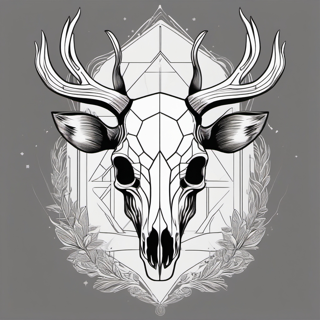 Essential lines form a deer skull, minimalistic and symbolic.  black and white tattoo style