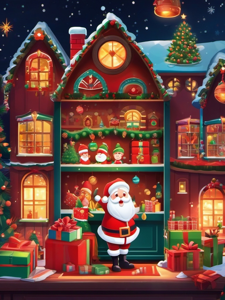 Cute Christmas Wallpaper - Santa's Workshop in Whimsical Style wallpaper splash art, vibrant colors, intricate patterns