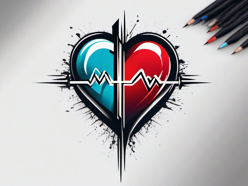 Cross Heartbeat and Heart Tattoo - Create a meaningful tattoo by blending a cross, heartbeat, and heart for a spiritual and heartfelt design.  simple vector color tattoo,minimal,white background