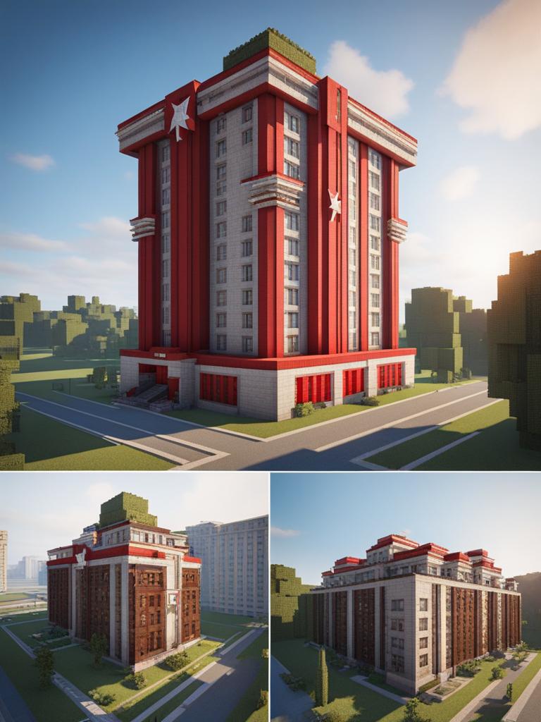 soviet-style apartment complex with a red star on top - minecraft house ideas minecraft block style