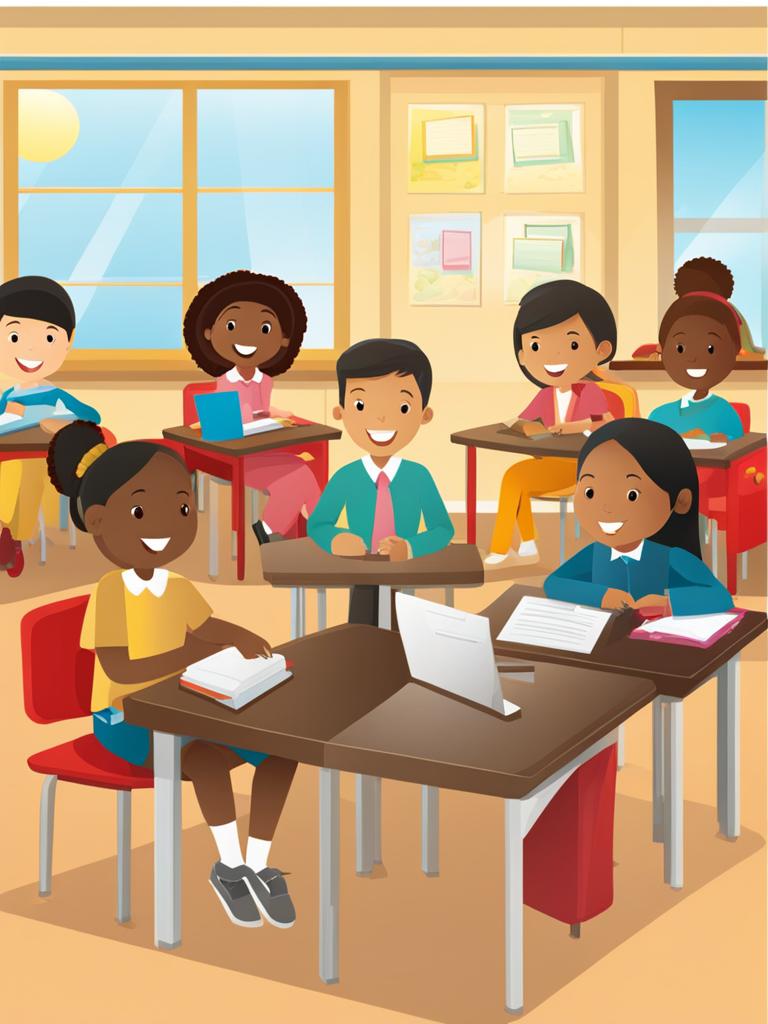 classroom clipart: engaging classroom with students and a teacher. 