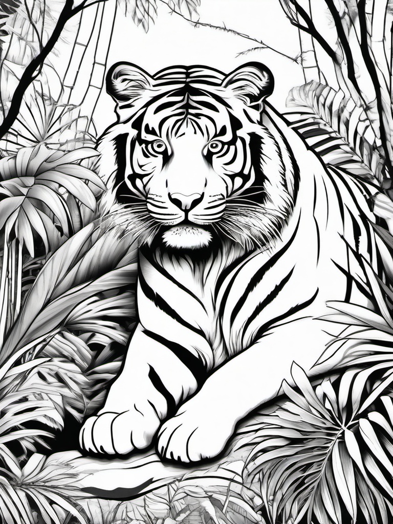 Tiger Coloring Pages - Majestic tiger resting in a jungle setting  simple coloring pages