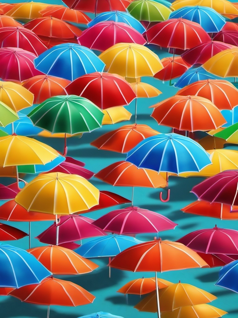 Beach towels and colorful umbrellas close shot perspective view, photo realistic background, hyper detail, high resolution