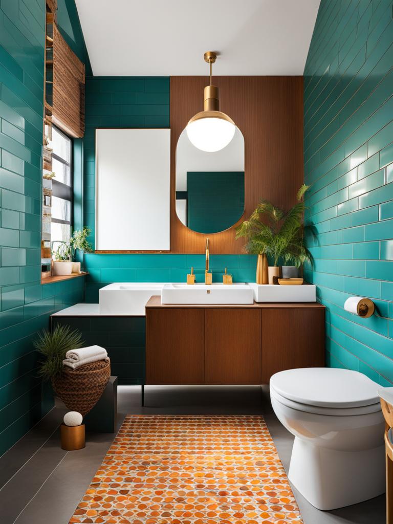 mid-century modern bathroom with retro fixtures and vibrant tiles. 