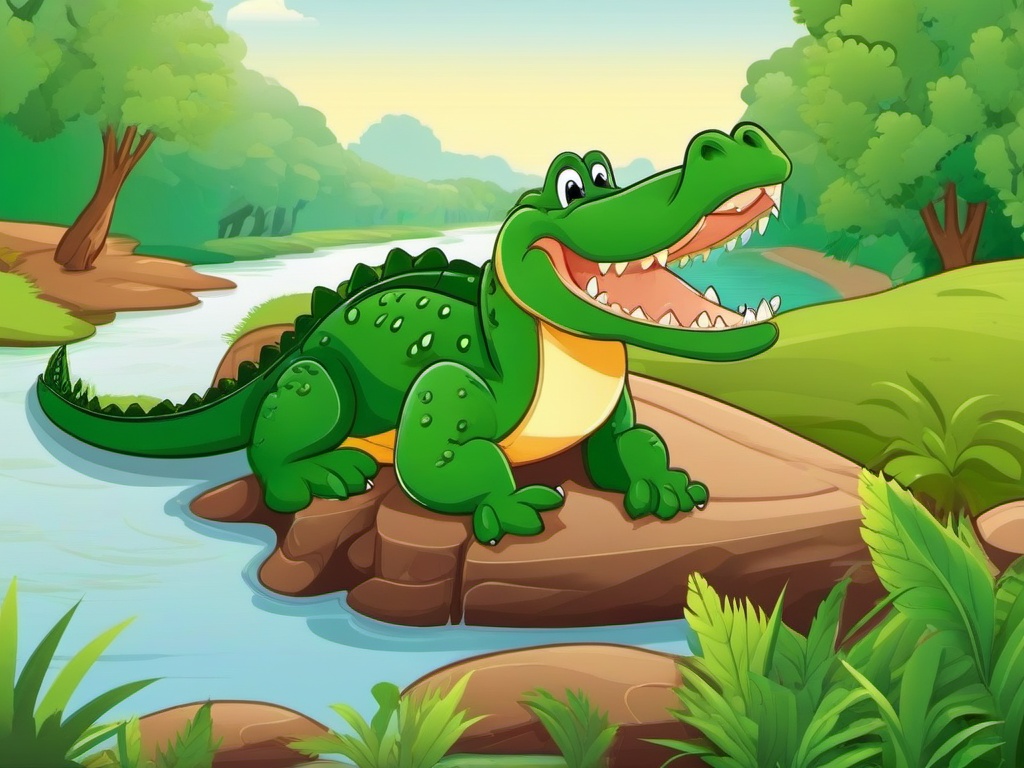 Crocodile Cartoon - Cartoon of crocodile sunning on riverbank  